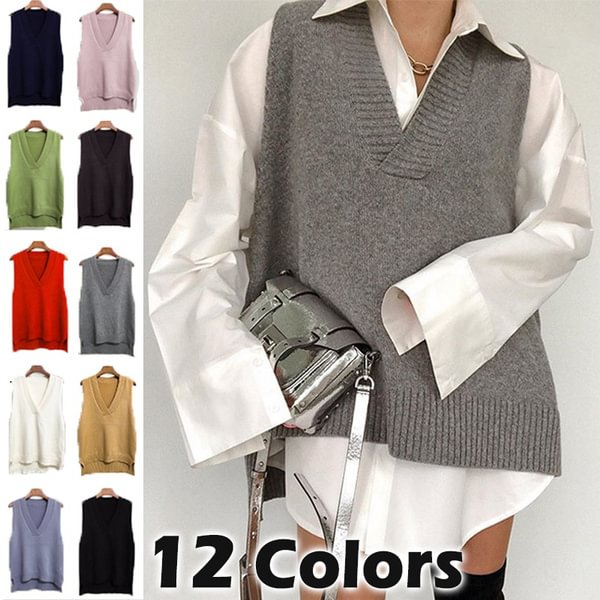 (no Shirt Only Sweater Vest)13 Colors New Women's Autumn Winter Fashion V-neck Knitted Sweater Vest Loose Waistcoat Wild Sleeveless Sweater Vest Warm Top Pullover Vests - Shop Trendy Women's Fashion | TeeYours