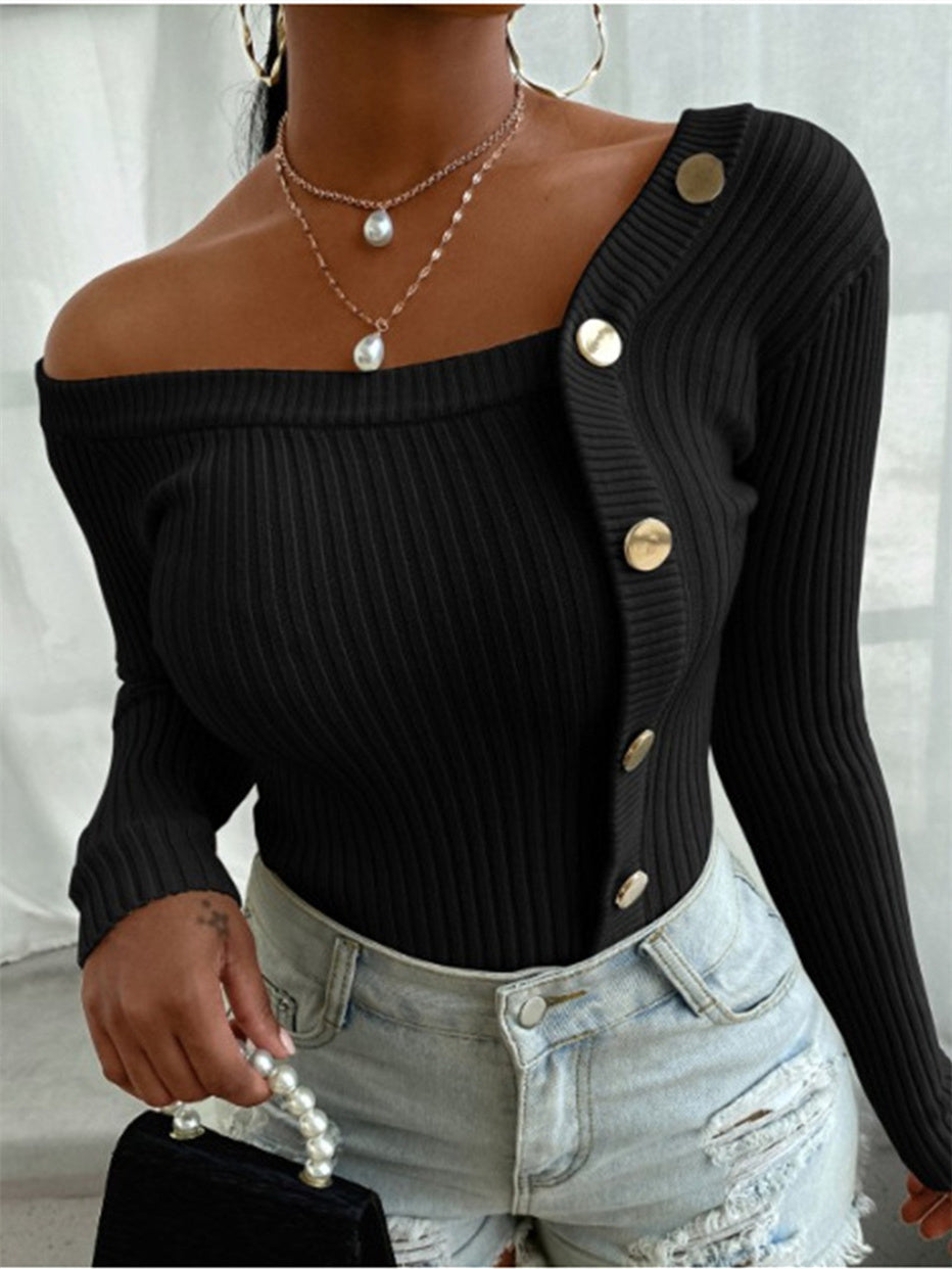 Women One Shoulder Long Sleeve Striped Knit  Sweater Tops