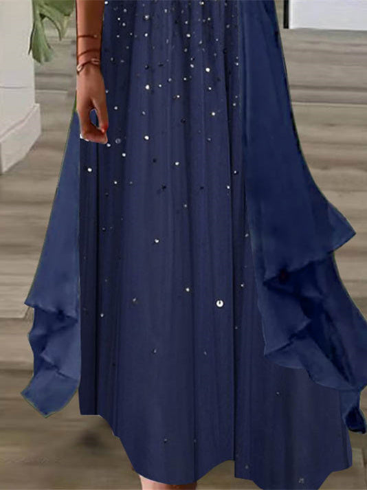 Women Half Sleeve V-neck Solid Color Dress