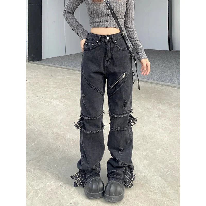 Beyprern Black Gothic Y2K Denim Pants