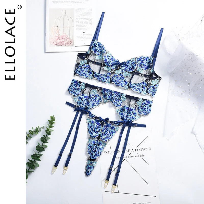Ellolace Floral Lingerie Underwear 3 Piece Set Sexy Transparent Short Skin Care Kits Lace Underwire Bra and Thongs Brief Sets