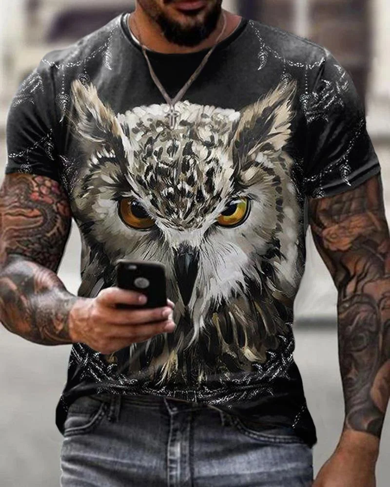 Men's Casual Black Owl Pattern Short-sleeved T-shirt