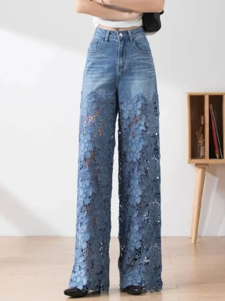 Huiketi Elegant Jeans For Women High Waist Lace Patchwork Pantalones Hollow Out Denim Trousers Casual Loose All Match Pants 2024