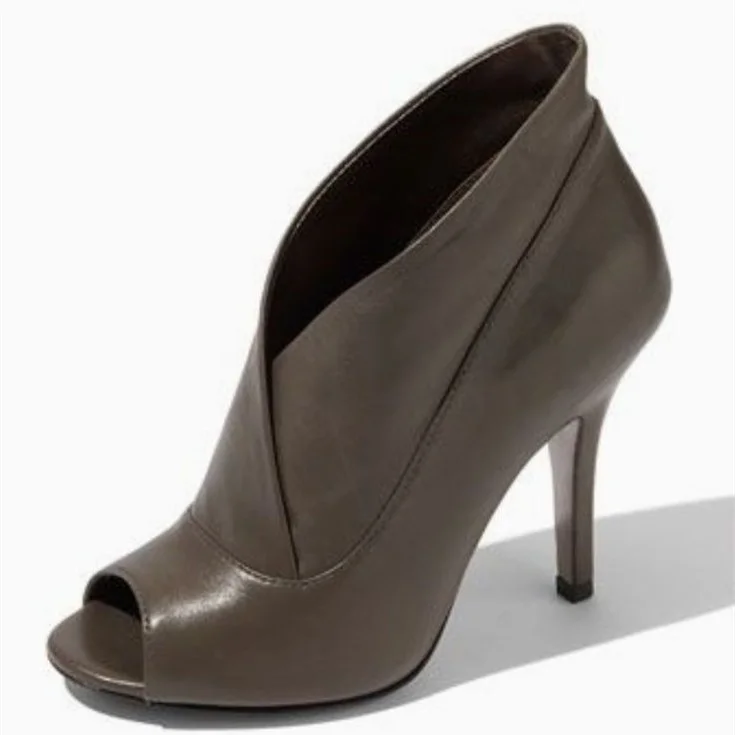Dark Brown Peep Toe Stiletto Boots Fashion Vegan Leather Ankle Boots |FSJ Shoes