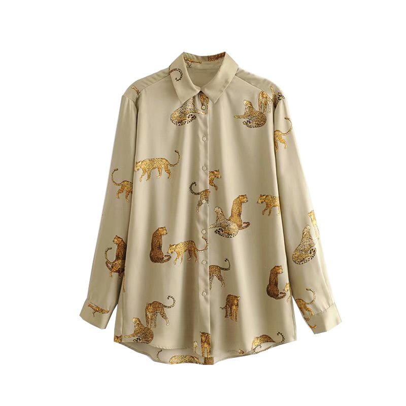 TRAF Women Fashion Office Wear Leopard Print Blouses Vintage Long Sleeve Animal Pattern Female Shirts Blusas Chic Tops