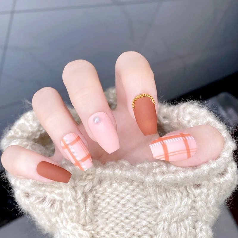 24PCS/box Gradient Color Ballet Med-Length Fake Nails press on full cover Wearing Wearable acrylic nail tips with glue for girls-Nail Inspo