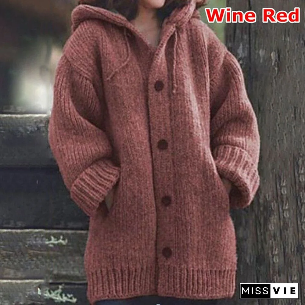 New Autumn Fashion Women Winter Coat Knit Hooded Sweater Loose Mid-length Button Up Knitted Cardigan Jackets for Women Outwear vestidos mujer casacos de inverno feminino