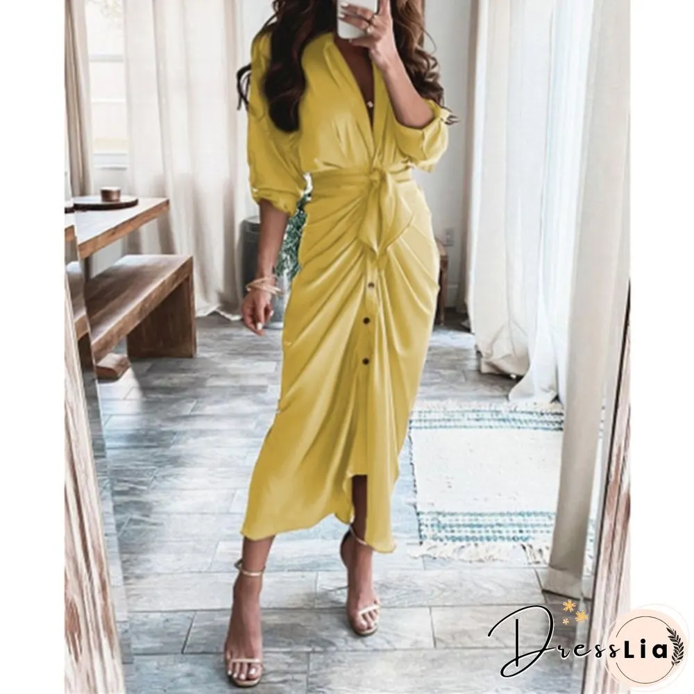 Women's Fashion Summer Long Sleeve V-Neck Button Print Dress Long Skirt
