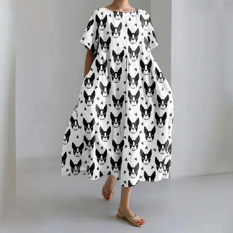 Dog Print Loose Short Sleeve Midi Dress