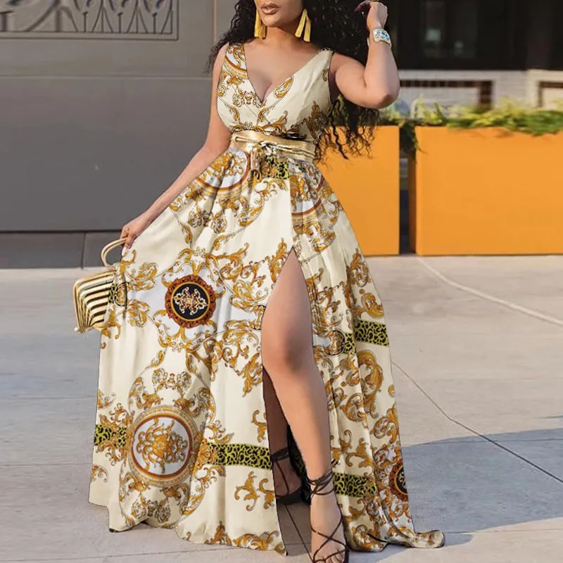2022 VONDA Women Sleeveless V Neck Bohemian Floral Print Beach Dress Sexy High Split Hem Robe Bohemian Vestido Party Beach Dress