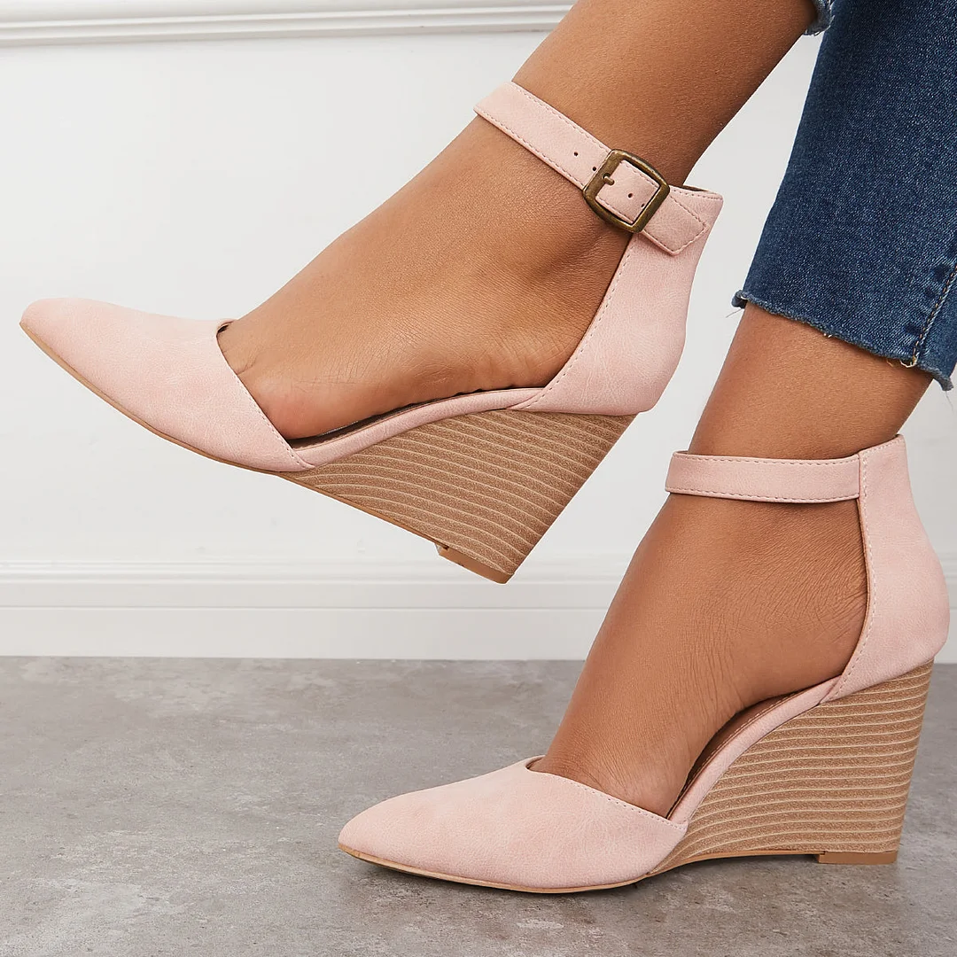 Classic Ankle Strap Wedges Pointed Toe Stacked Heel Dress Pumps