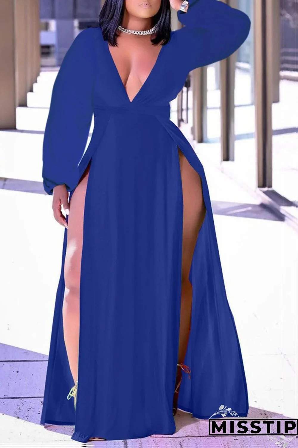 Blue Casual Solid Patchwork High Opening V Neck Straight Plus Size Dresses