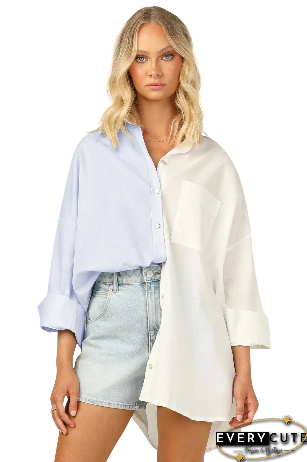 Light Blue Contrast Button-up Drop Shoulder Shirt