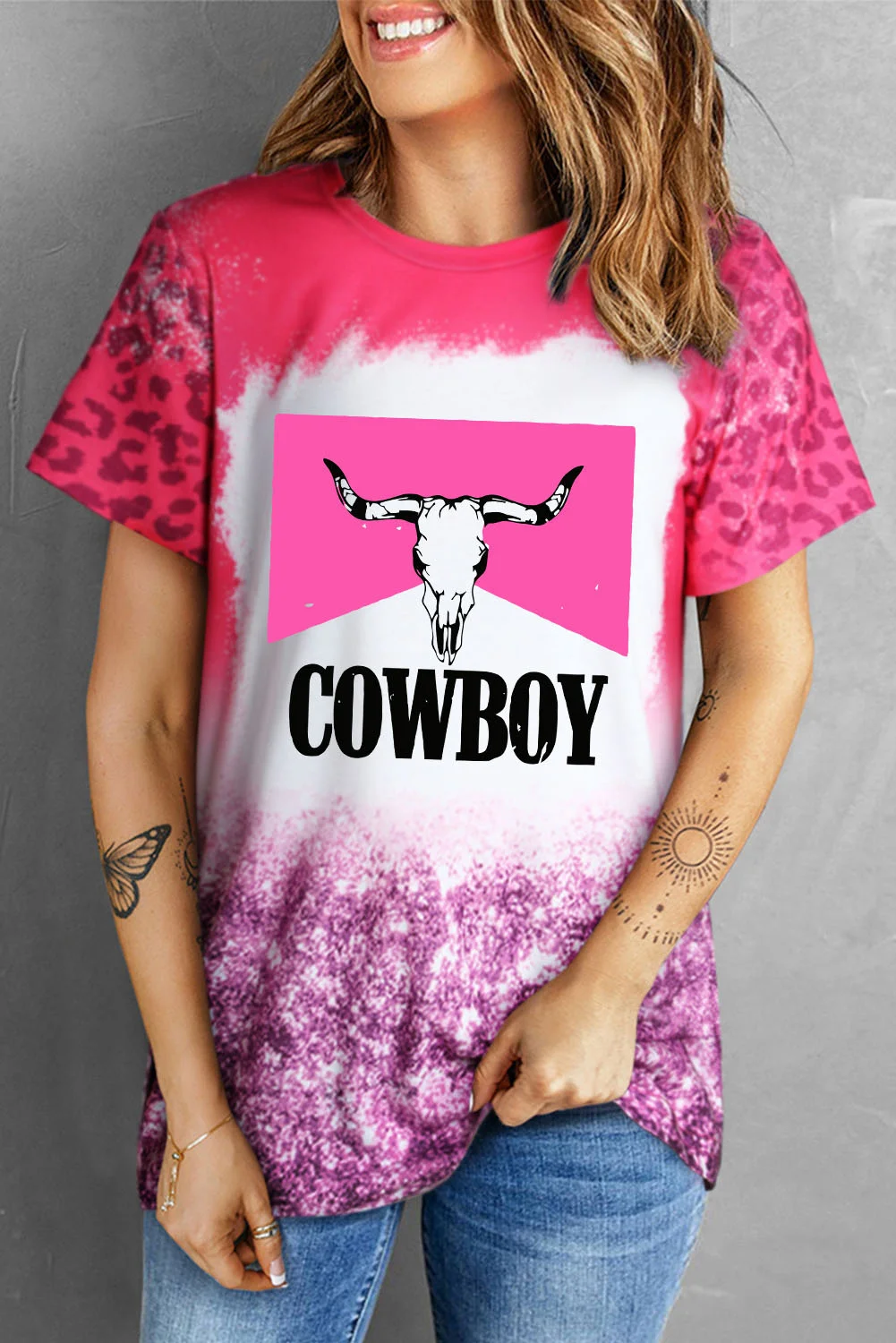 Pink Steer Head COWBOY Graphic Bleached Leopard T-shirt | IFYHOME