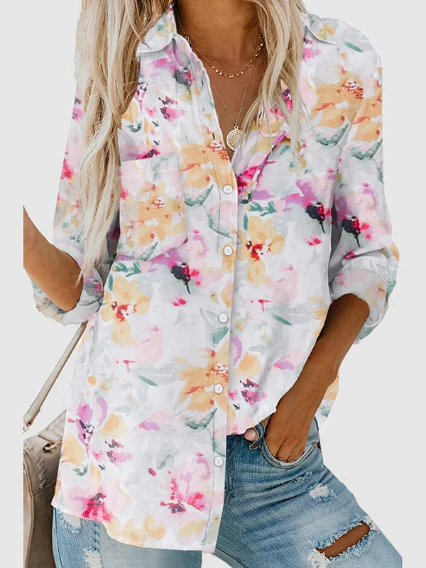 High-Low Long Sleeves Buttoned Flower Print Pockets Lapel Blouses&Shirts Tops