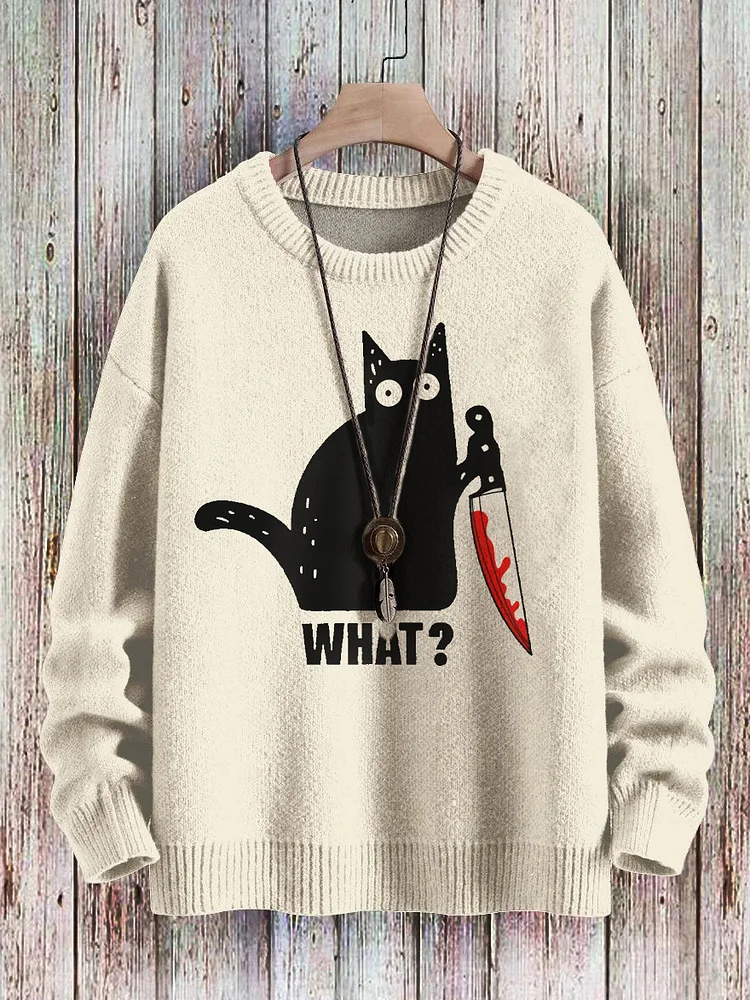 Men's Knit Halloween Black Cat Bloody Knife Print Sweater