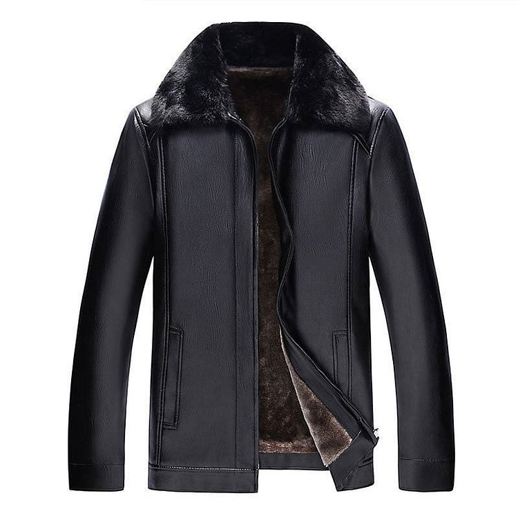 Leather Coat Men's Middle-Aged and Elderly Leather Men's Leather Trench Coat and Overcoat Middle-Aged Men's Motorcycle round Neck Men Pu Jacket