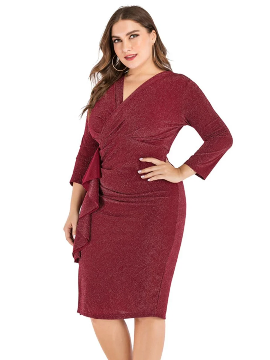 Women's Dress V-neck Nine-point Sleeve Ruffle Midi Plus Size Dress