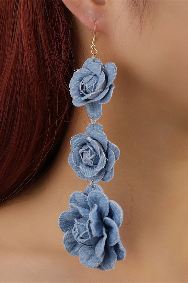 Party Camellia Flower Layered Long Tassel Denim Dangle Earrings 2024 - Xpluswear
