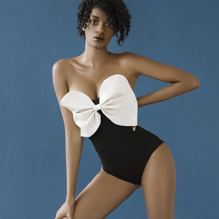 Bow Bandeau Black and White One Piece Swimsuit and Skirt Flaxmaker