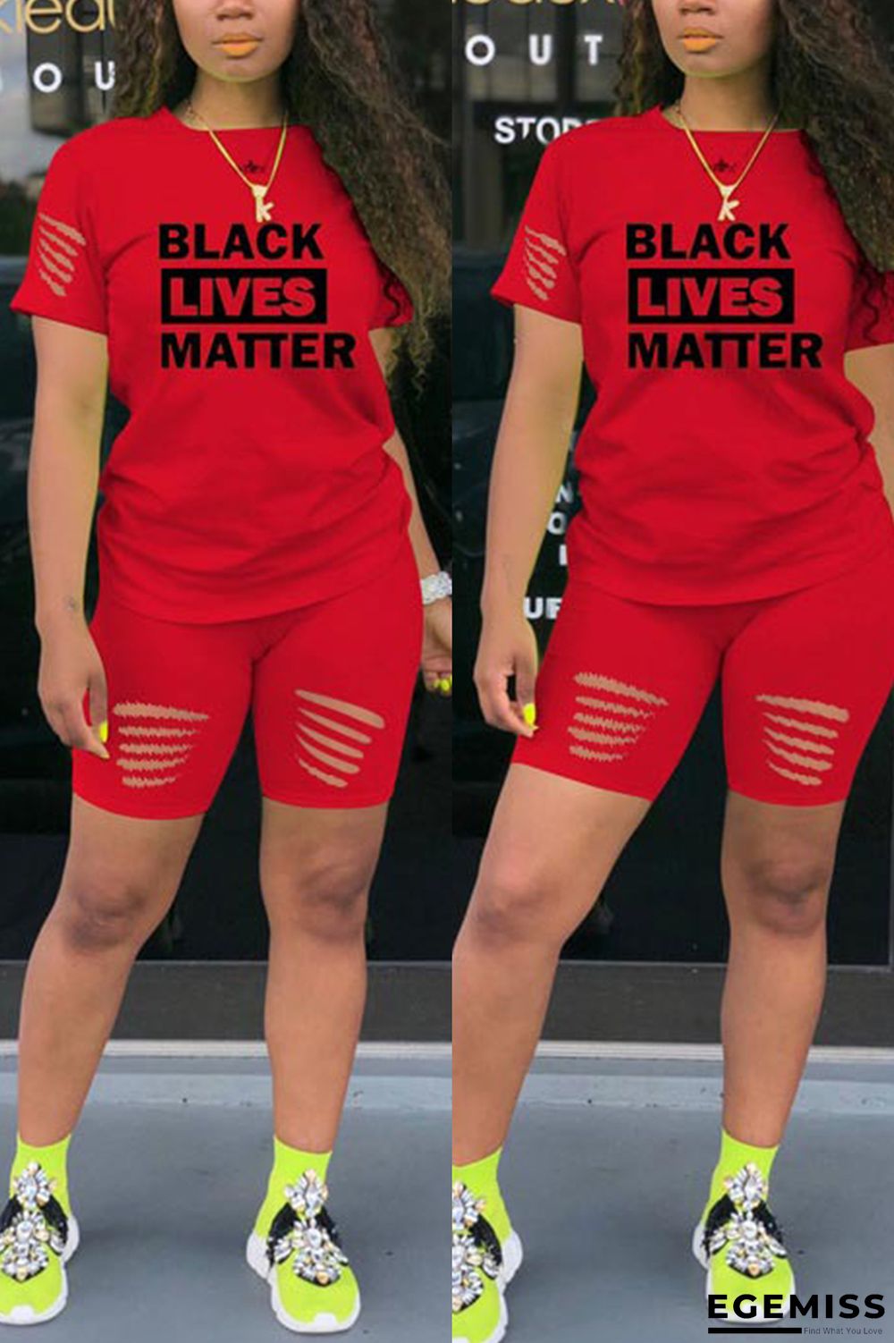 Red Fashion Casual Printed T-shirt Shorts Set | EGEMISS