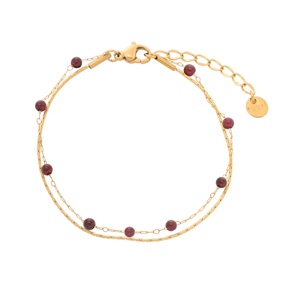 Natural Garnet Beaded Double Titanium Steel Bracelet