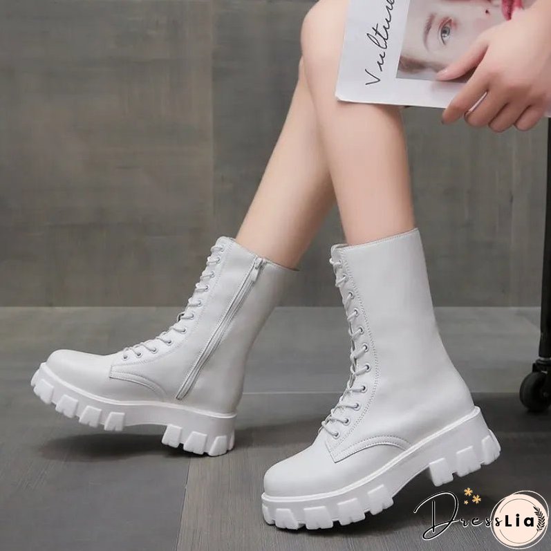 New Thicken Winter Knight Boots Women Knee High Long Square Heel Boots Retro Thick Motorcycle Boots Black White Botas Mujer