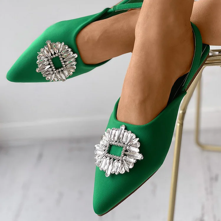 Green Satin Flat Pumps Pointy Toe Shoes Office Buckle Flats |FSJ Shoes