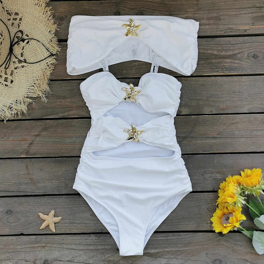 Brownm Pure White One-Piece Swimsuit Half-Dress Shawl Three-Piece Sexy Hollow Swimsuit 2025 New