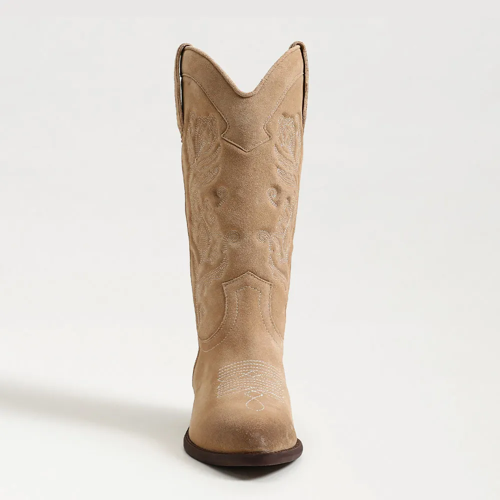 Khaki Closed Toe Block Heel Floral Embroidered Mid Calf Cowgirl Boots