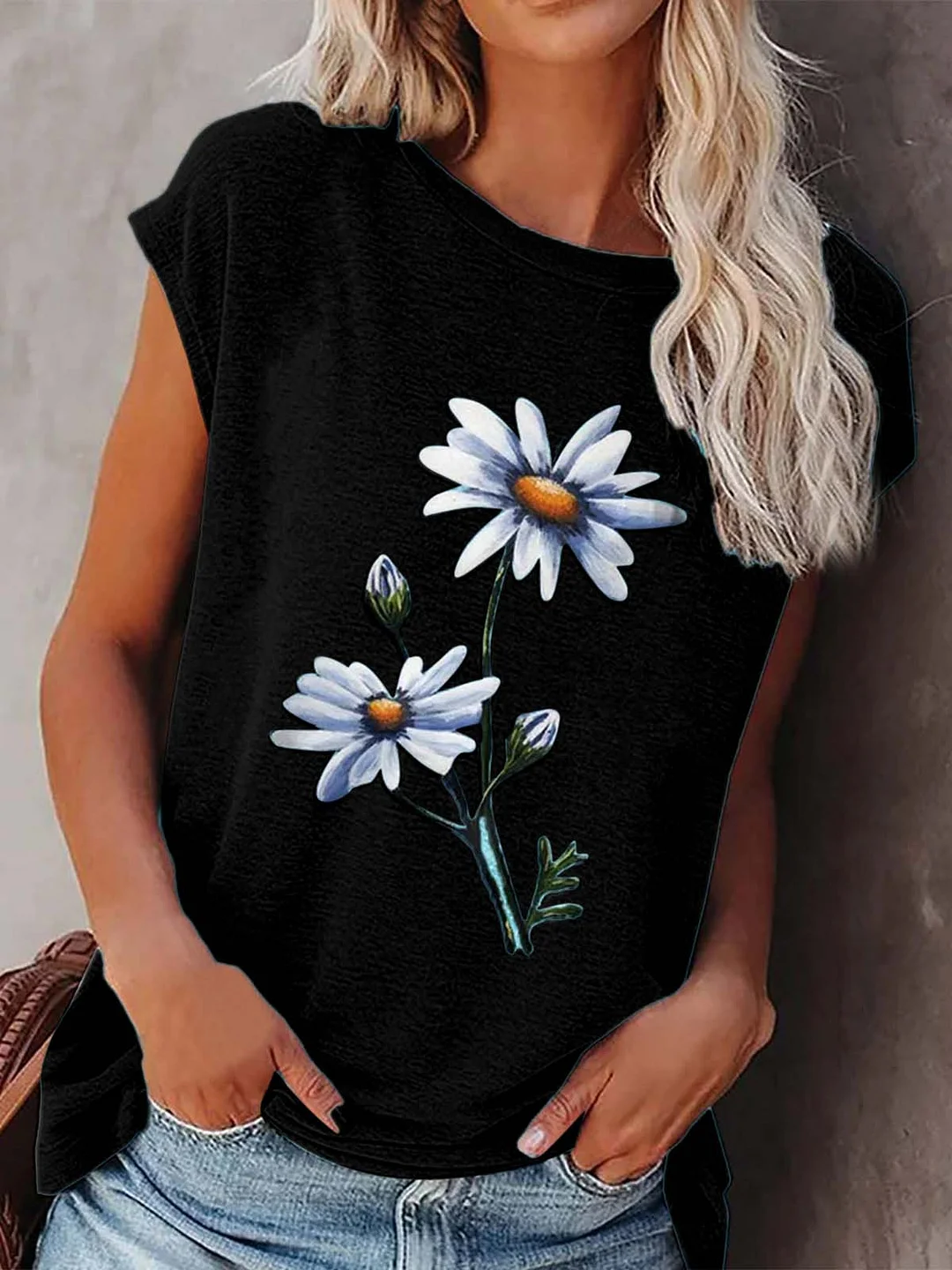 Women's Short Sleeve Scoop Neck Floral Printed Tops T-shirts