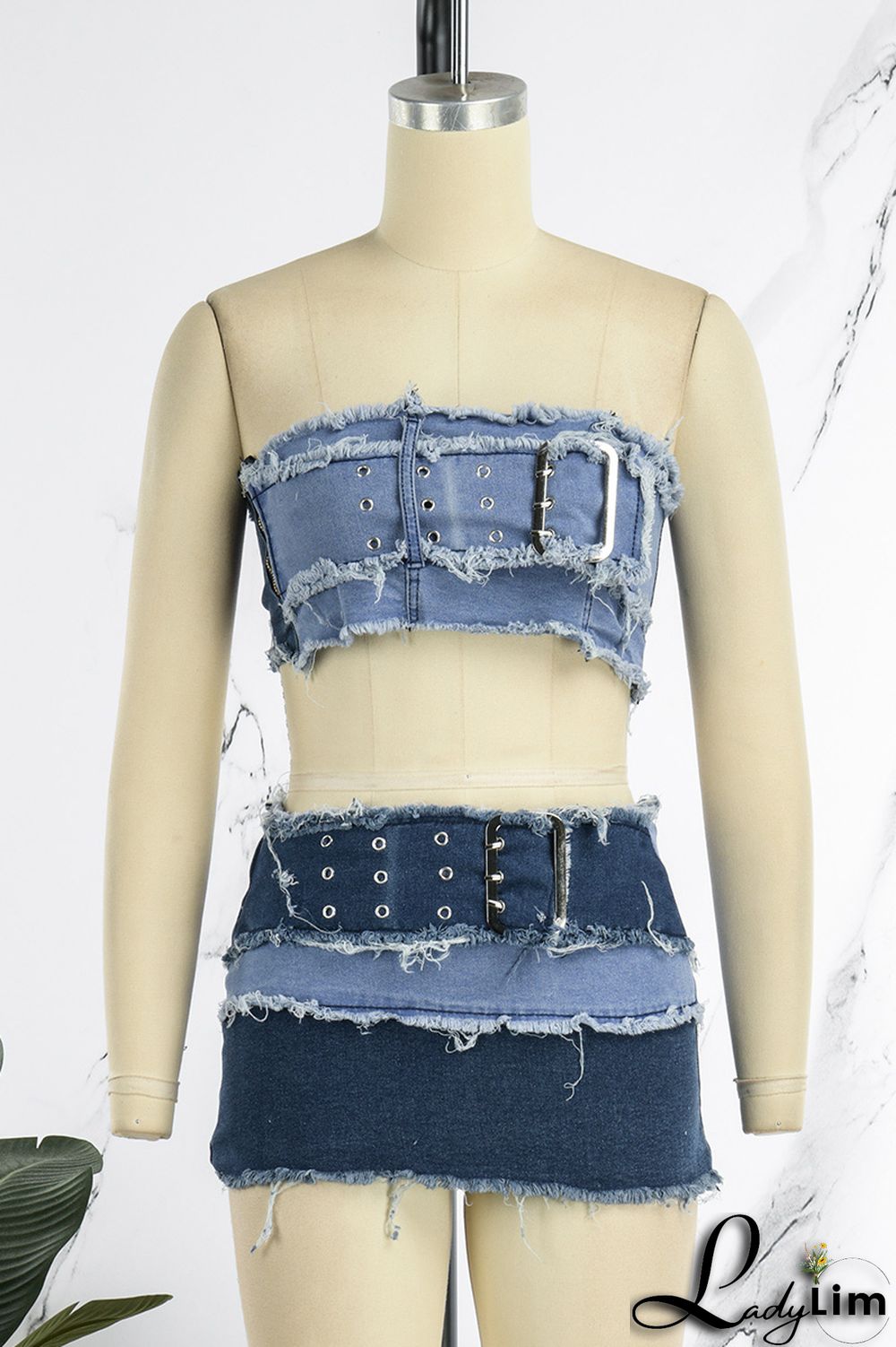 Blue Sexy Street Solid Make Old Patchwork Strapless Sleeveless Two Pieces