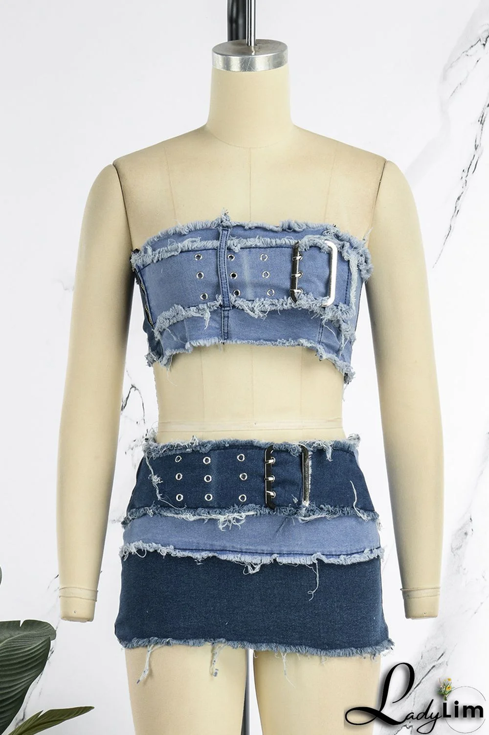 Blue Sexy Street Solid Make Old Patchwork Strapless Sleeveless Two Pieces