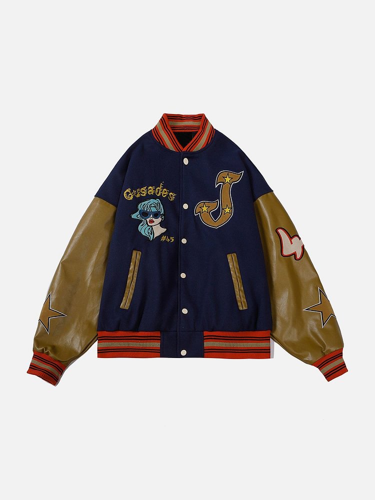 Comic Girl Embroidery PU Varsity Jacket