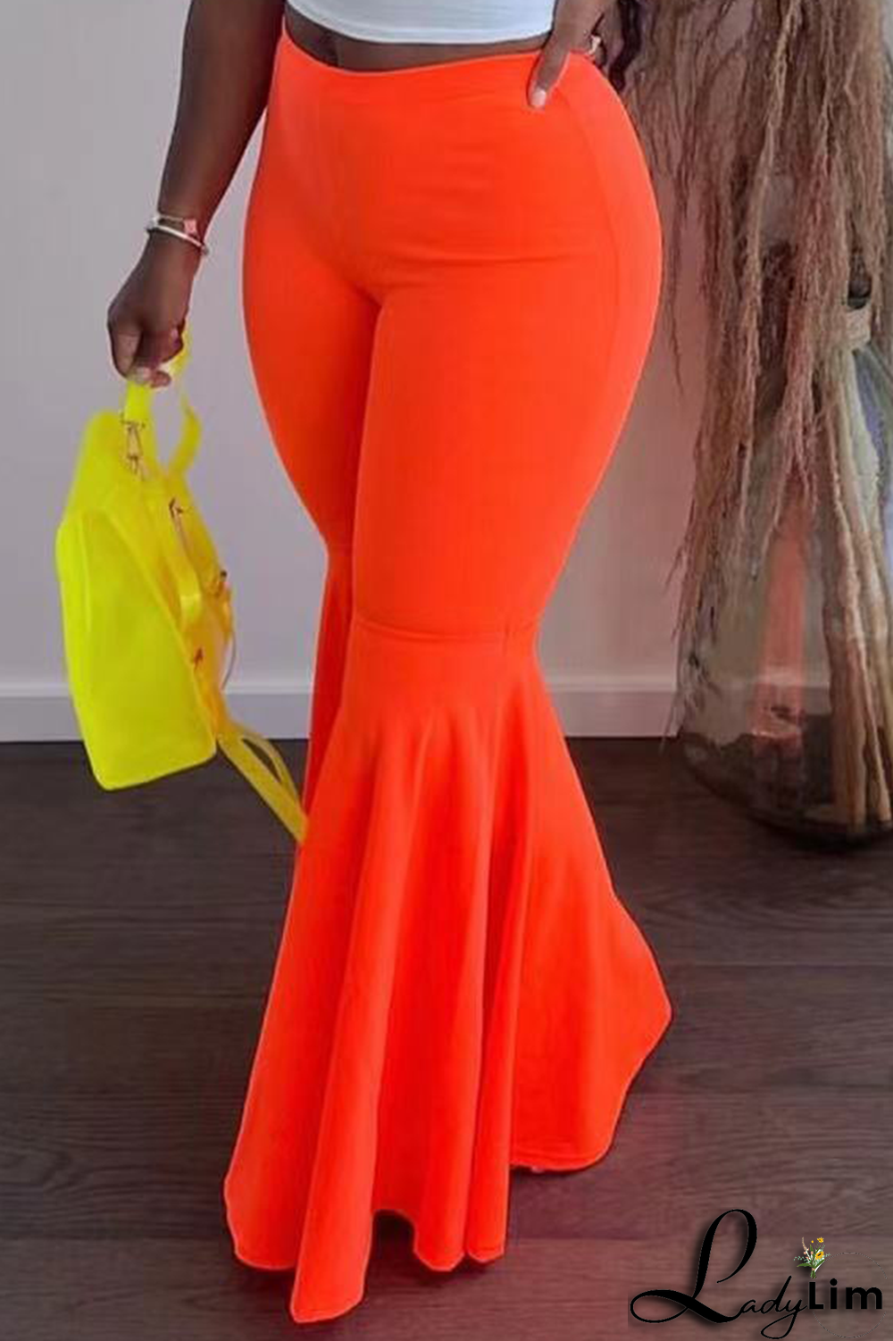 Fluorescent Green Fashion Solid Flounce Boot Cut High Waist Speaker Solid Color Bottoms