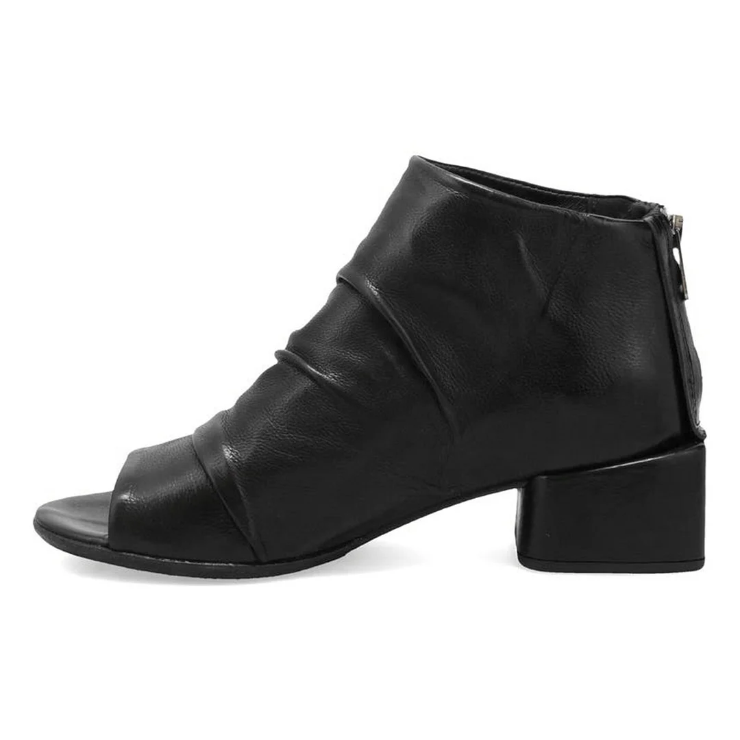 Women's Black Block Heel Wrinkled Peep Toe Booties with Zipper