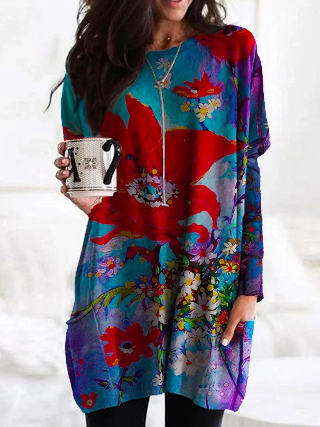 Cotton-Blend Long Sleeve Floral Shirts & Tops