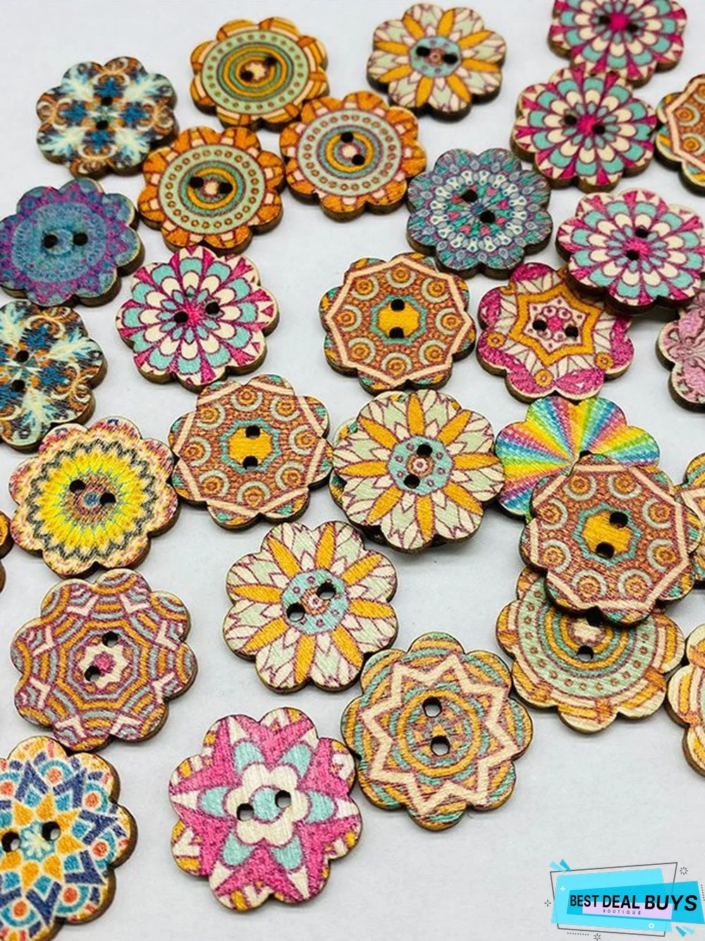 50Pcs Ethnic Pattern Wooden Buttons DIY Accessories Set Handmade