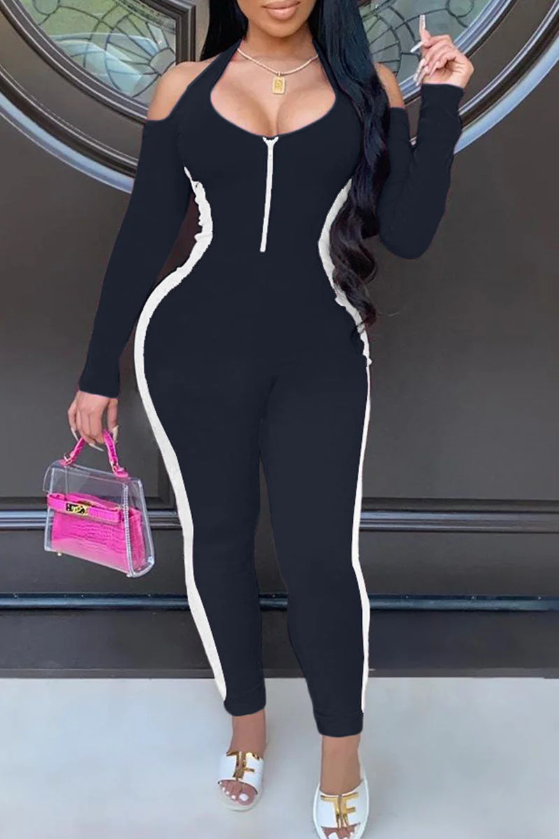 Sexy Solid Split Joint Zipper Halter Skinny Jumpsuits