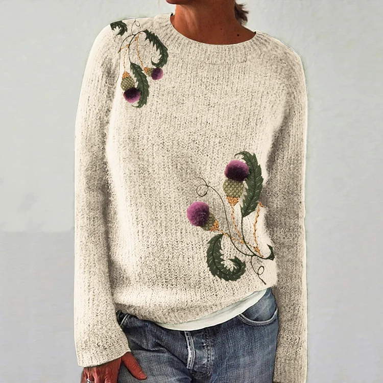 Scotland Thistle Embroidered Cozy Knit Sweater