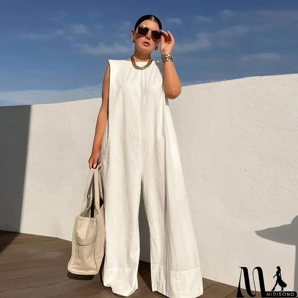 MidiSono - Casual Solid Sleeveless Wide Leg Loose Jumpsuit