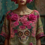 Day Of The Dead Pink Roses Sugar Skull Embroidered Linen Shirt - Image 2