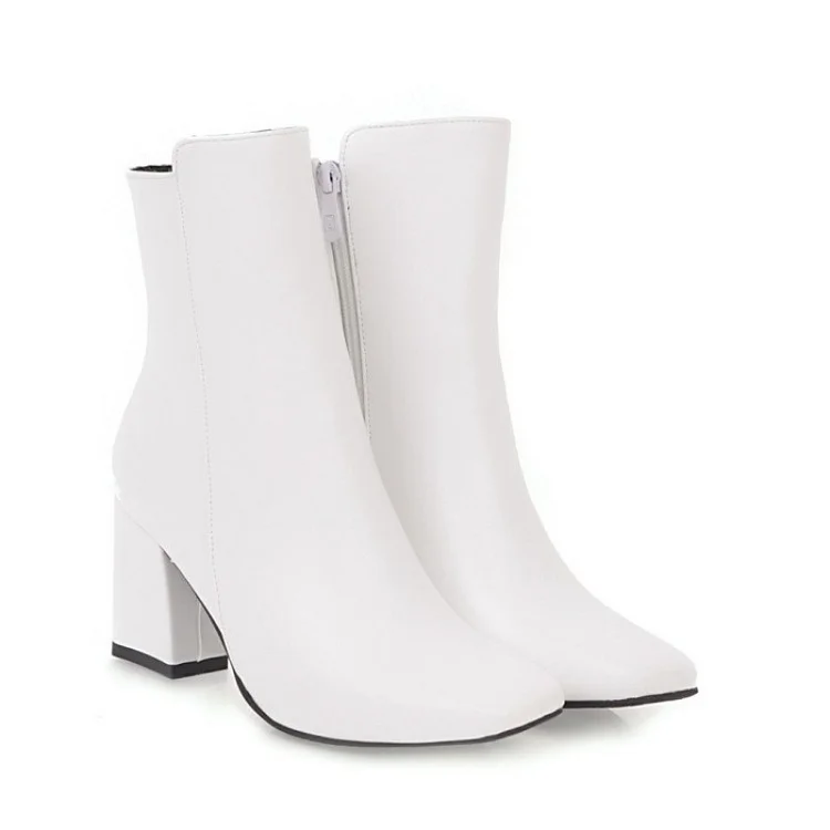 Women'S Chunky Heel Square Toe Simple Short Leather Boots  Stunahome.com