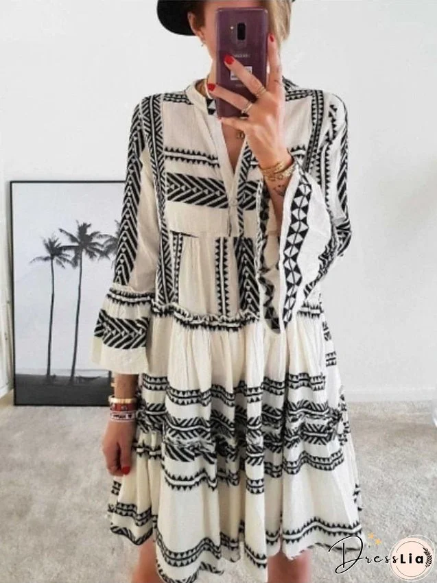 Casual Dress Shift Dress Boho Dress Mini Dress Black Yellow Blue 3/4 Length Sleeve Geometric Print Summer Spring V Neck Modern Vacation Loose Fit S M L XL XXL 3XL for Women