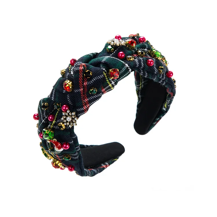Christmas Plaid Rhinestone Pearl Decor Knotted Hair Band Headwear