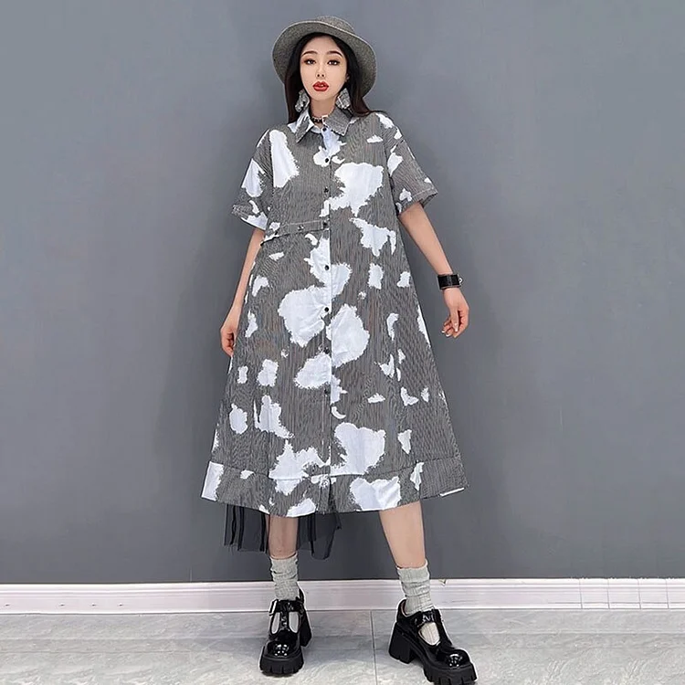 Casual Turn-down Collar Cloud Printed Single-breasted Patchwork Mesh Short Sleeve Shirt Dress 