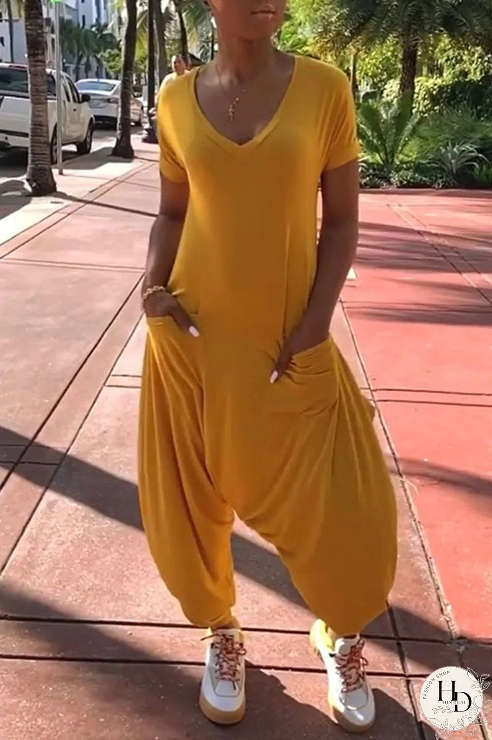 Yellow Fashion Casual Solid Pocket V Neck Regular Jumpsuits