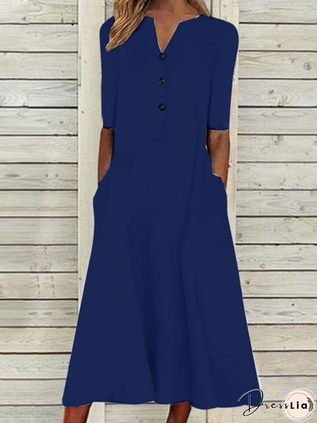 Cotton Linen Dress Casual Dress Midi Dress Cotton Blend Casual Outdoor Daily Vacation V Neck Button Pocket Short Sleeve Summer Spring Loose Fit Black White Navy Blue Pure Color S M L XL for Women