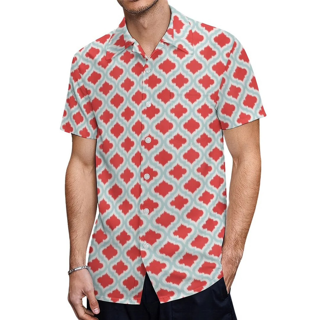 Short Sleeve Red Turquoise Ikat Moroccan Hawaiian Shirt Mens Button Down Plus Size Tropical Hawaii Beach Shirts