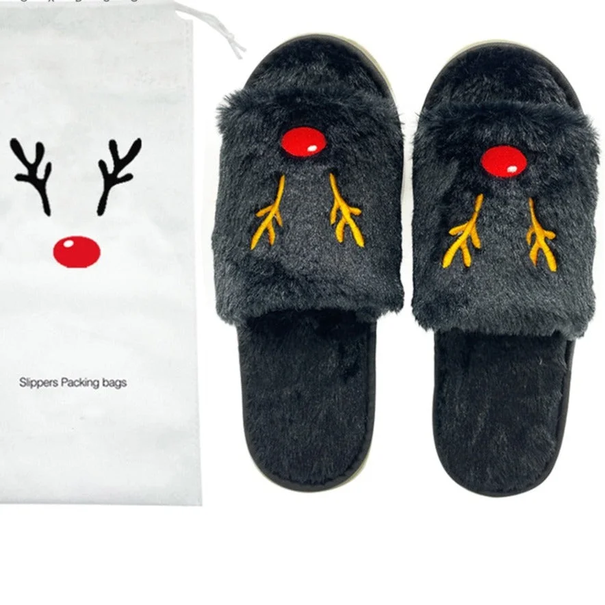Vstacam Christmas Reindeer Slippers Women Furry Fur Slides Flat Faux Rabbit Hair Sliders Winter Cozy Warm Elk Slippers Plush House Shoes